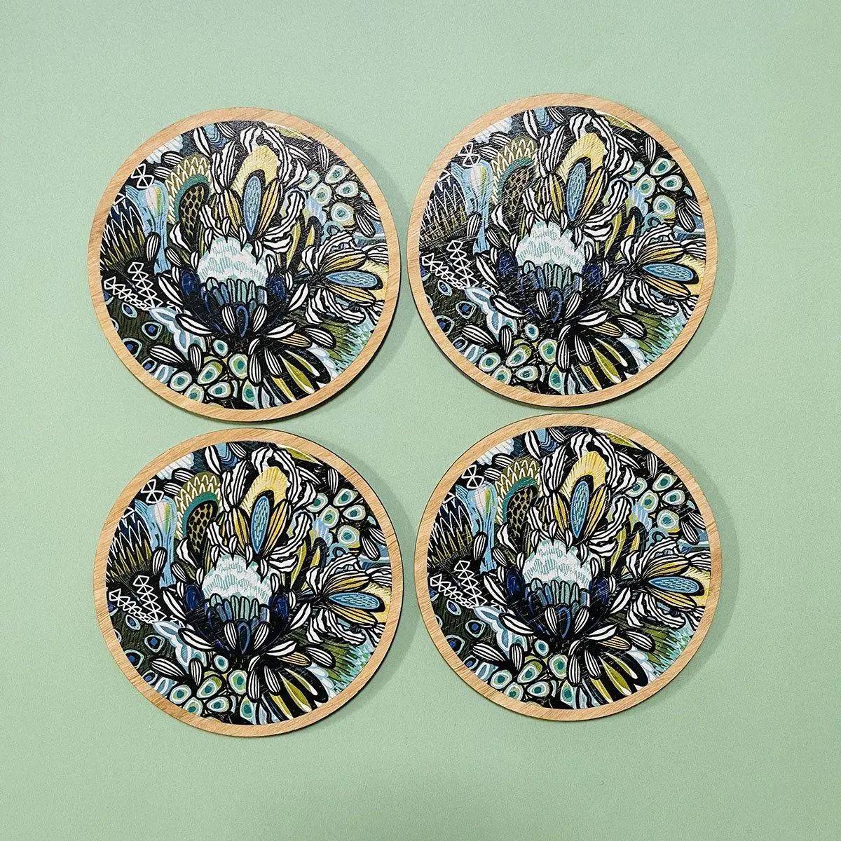 Premium Australian Wooden Coaster Set with Azure Proteas Design - Perfect for Home Decor, Coffee Tables, and Gift Giving
