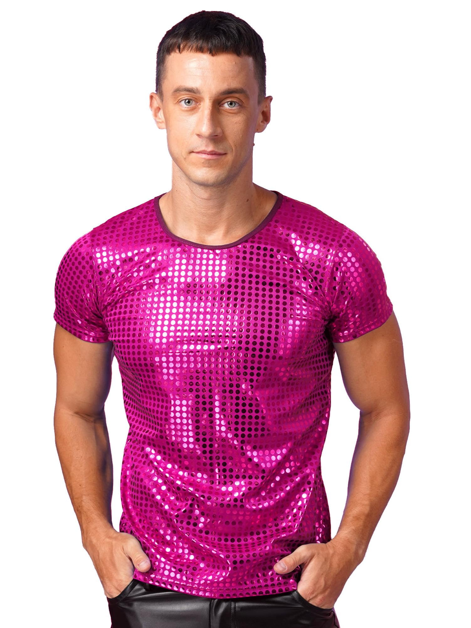 CHICTRY Men's Short Sleeve Sparkle Sequins Shirt - 70s Disco Party T-Shirt for Nightclub, Dance & Retro Events - Glamorous Performance Top for Concerts, Halloween & Costume Parties