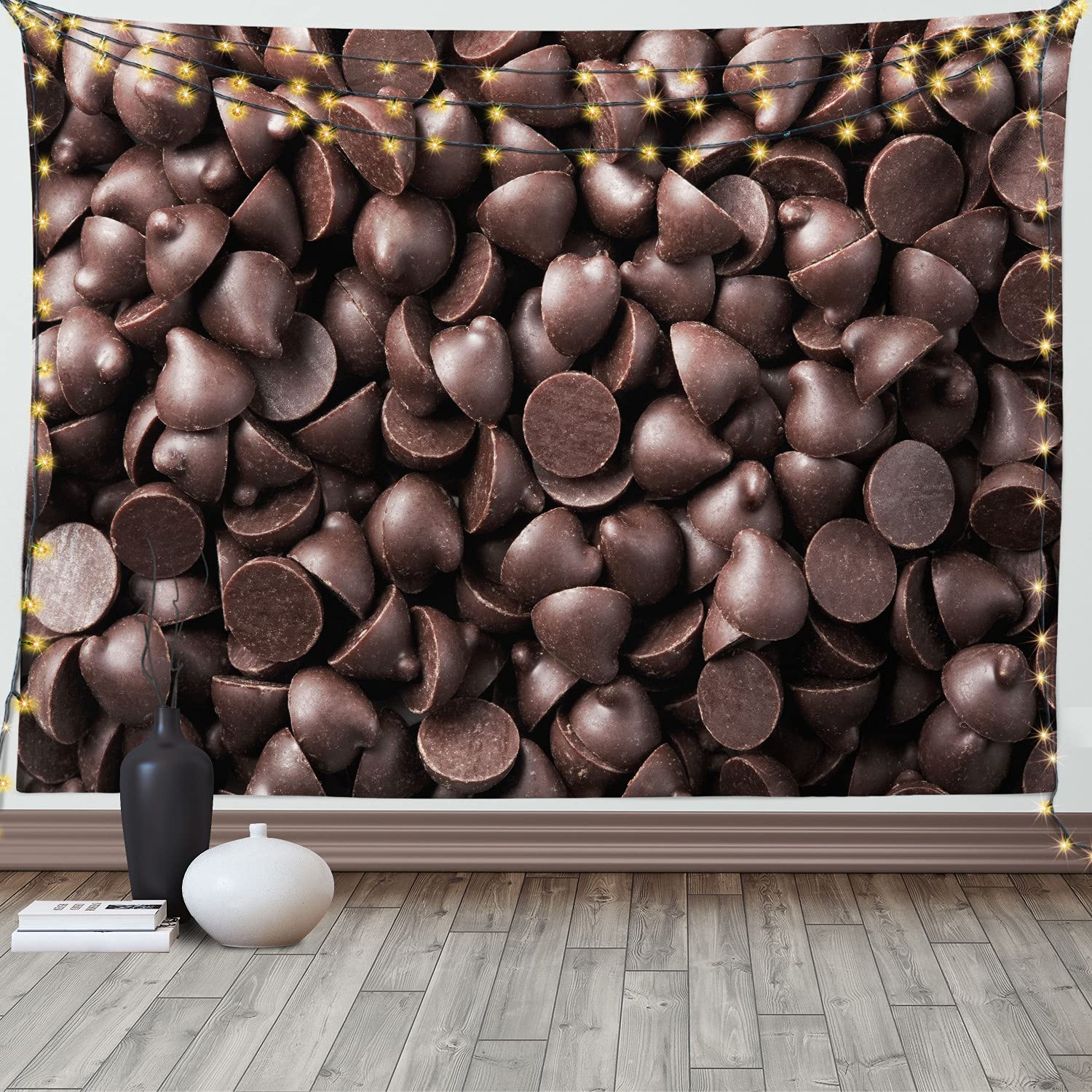 Ambesonne Chocolate Tapestry - Close-Up Food Photography of Chocolate Chips, Delicious Dessert Baking Gourmet Print Wall Hanging - 60