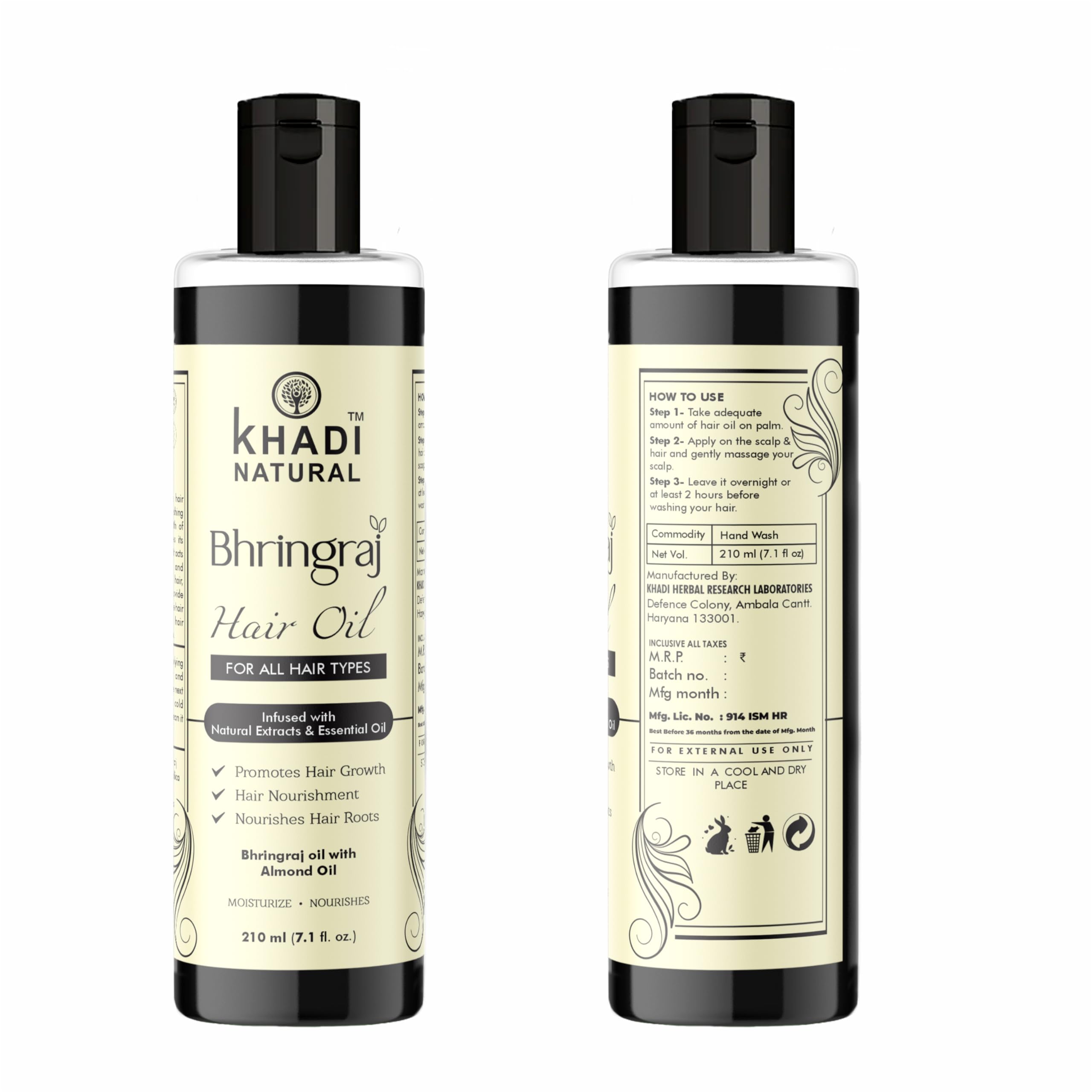 Khadi Natural Bhringraj Hair Oil 210ml - Organic Ayurvedic Hair Growth Treatment for Dry, Damaged & Thinning Hair - Strengthens & Nourishes All Hair Types - Best for Scalp Massage & Night Hair Care Routine