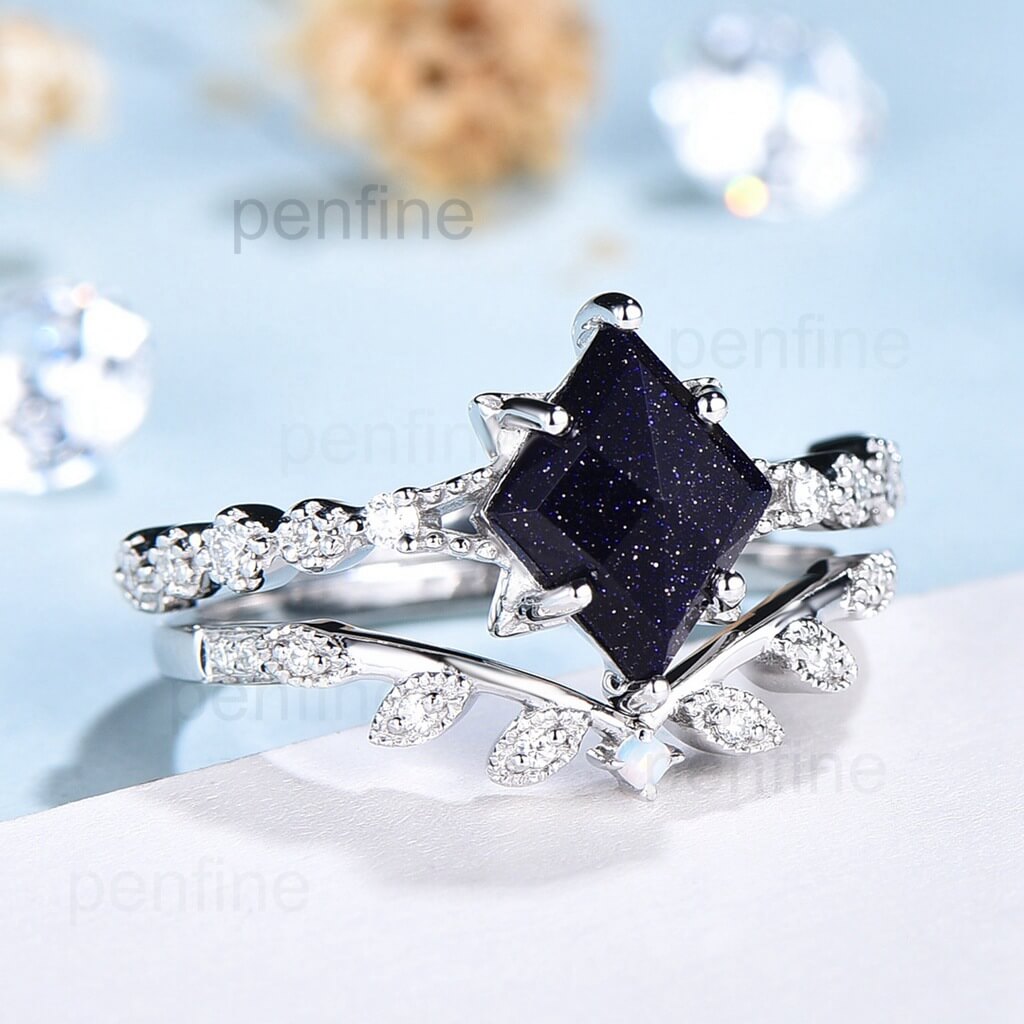 Blue Sandstone Engagement Ring Set for Women - Geometric White Gold Bridal Jewelry with Vintage Opal & Diamond Accents - Art Deco Wedding Ring & Promise Gift - Perfect for Proposals, Anniversaries & Special Occasions
