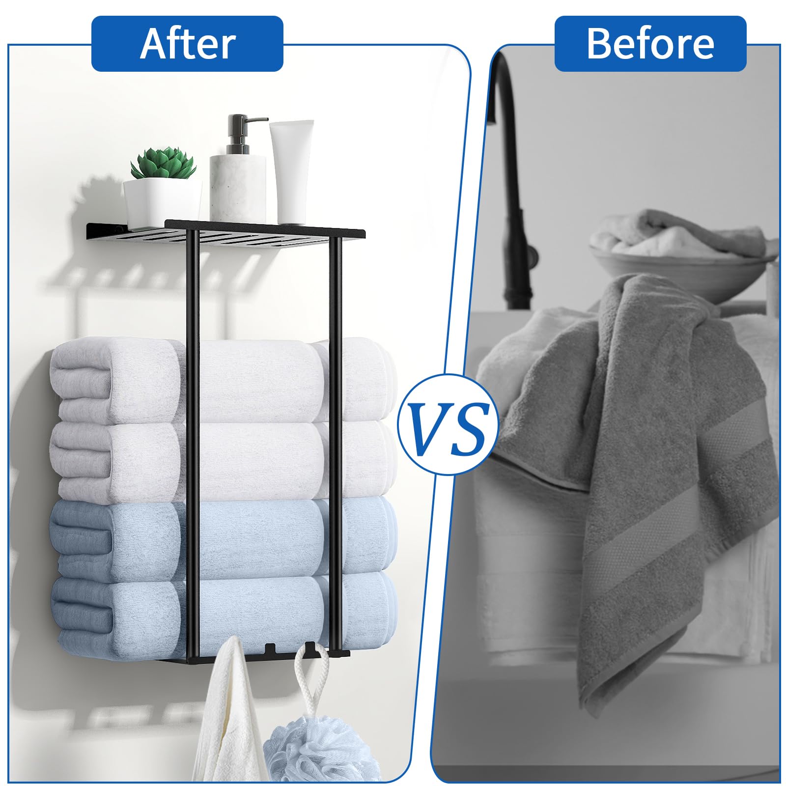 Sturdy Metal Wall Mounted Towel Rack for Bathroom - Rustproof Towel Holder with Hooks for Large & Rolled Towels | Space-Saving Bathroom Storage Solution (Black) - Perfect for Small Bathrooms, Spa-Like Showers & Organized Powder Rooms