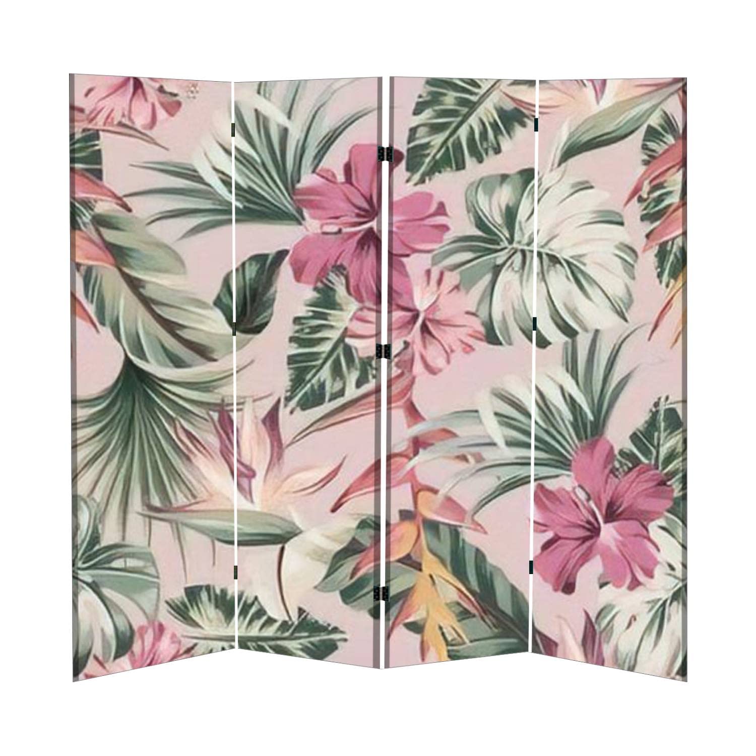 4-Panel Folding Room Divider Screen - Tropical Palm Leaves & Exotic Flower Design for Privacy, Home, Office & Bedroom | Portable Freestanding Partition for Living Spaces, Events & Workspaces