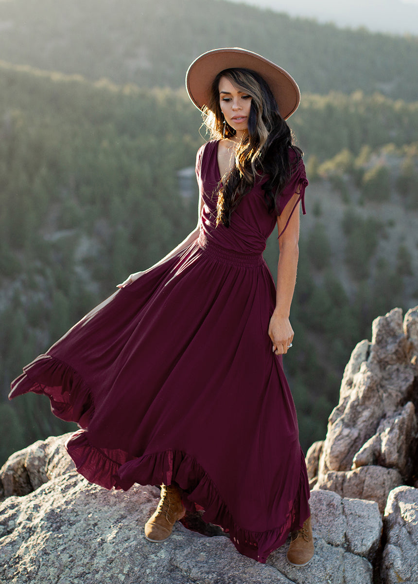 Giovanna Women's Plum Floral Dress - Elegant A-Line Midi Dress for Parties, Weddings & Special Occasions