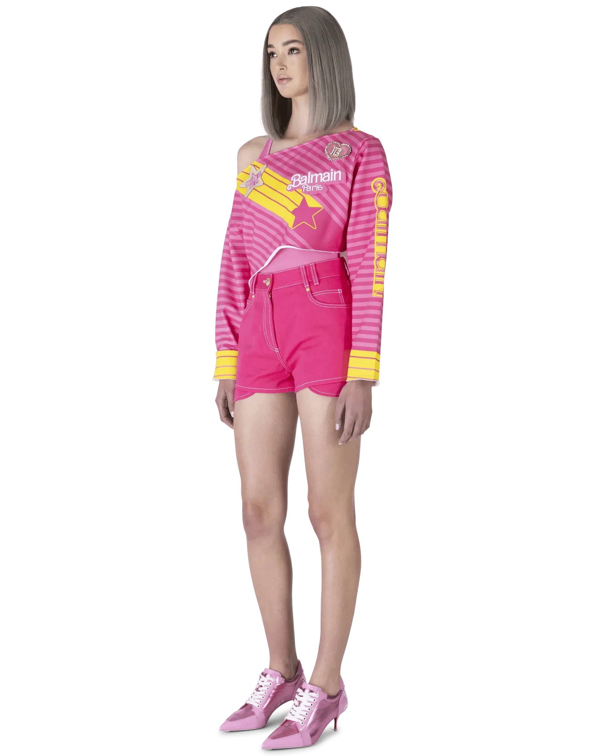 Balmain X Barbie Off Shoulder Crop Top - Women's Fashion Tops for Summer, Parties & Casual Wear