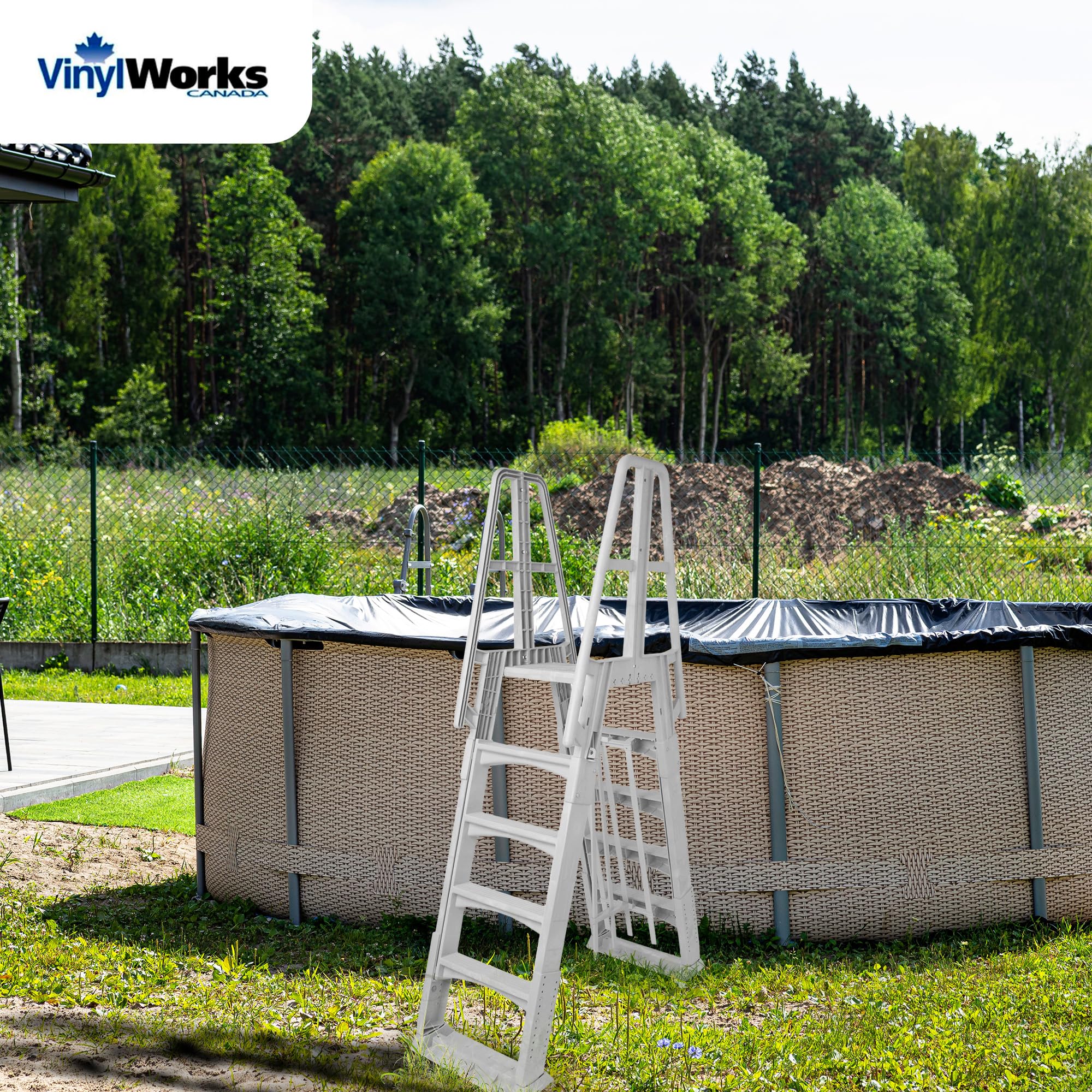 Vinyl Works SLA A-Frame 48-56 Inch Adjustable Above Ground Pool Ladder with Slide Lock Safety Barrier & Handrails - White | Easy Entry/Exit for Inground & Above Ground Swimming Pools | Perfect for Backyard, Family Use & Summer Fun