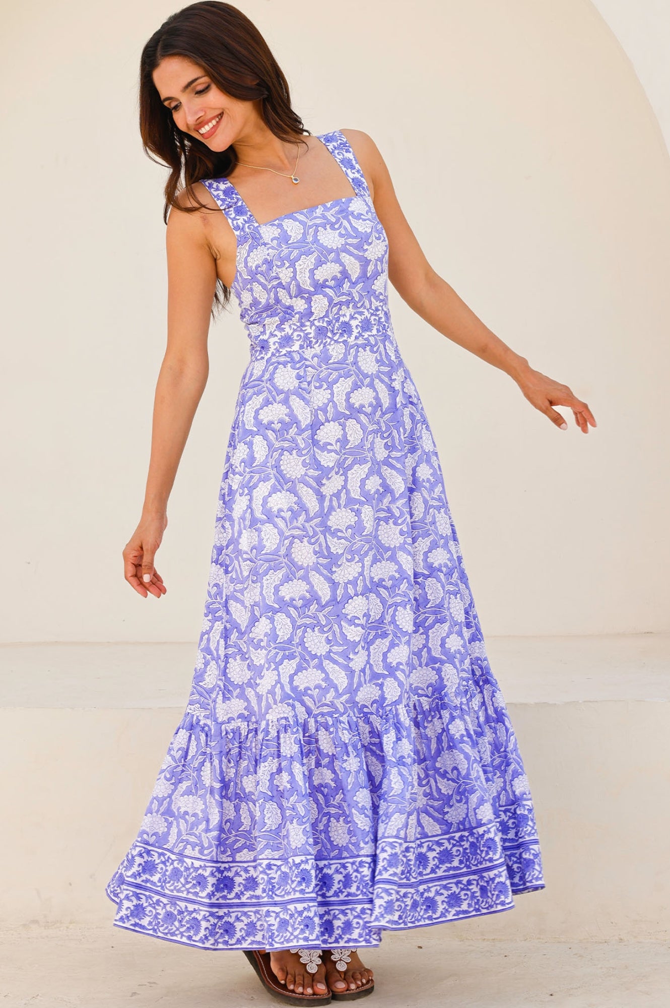 Aurelia Organic Cotton Block Print Dress - Iris Blue & White | Boho Chic Summer Dress for Women | Perfect for Beach, Vacation & Casual Outings
