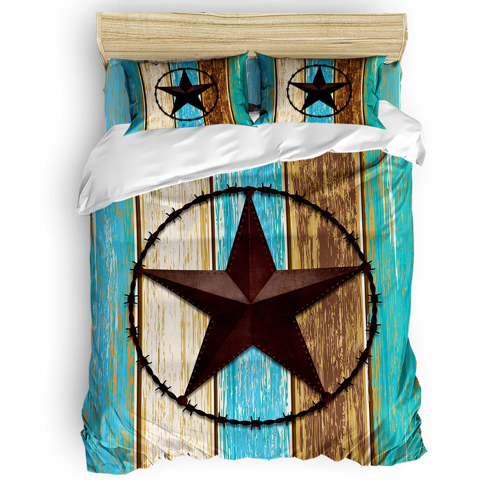 Western Texas Star Twin Comforter Cover Set - 4 Piece Lightweight Microfiber Duvet Cover with Rustic Retro Teal Wooden Stripes - Soft Bedding Set for Adults & Teens - Perfect for Farmhouse, Rustic or Country Style Bedrooms