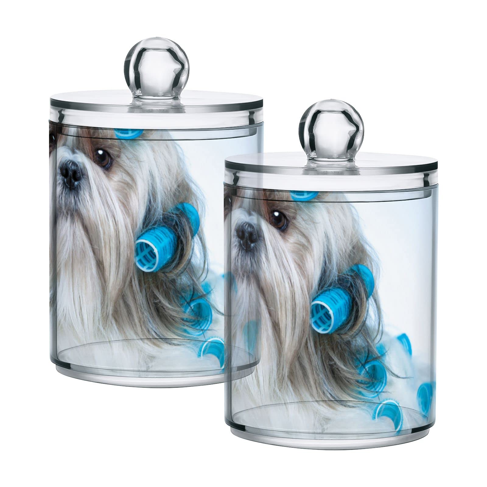 White Pebble Dog Turquoise Hair Curler Plastic Storage Jars with Lids - Set of 2 Translucent 10oz Food Containers | Perfect for Tea, Cookies, Cotton Swabs & Canning | Kitchen, Bathroom & Craft Organization
