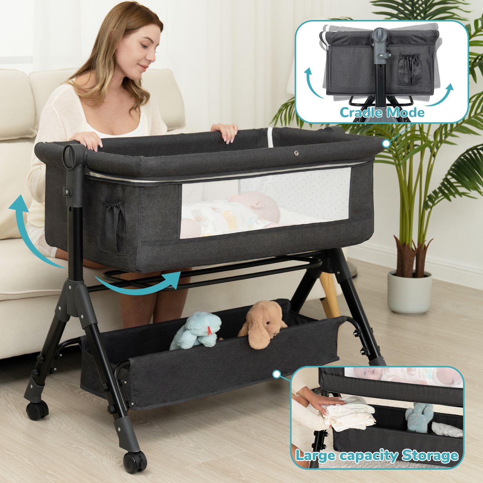 **3-in-1 Portable Baby Bassinet with Wheels & Mosquito Net - Adjustable, Foldable Bedside Sleeper for Newborns & Infants (Dark Grey) - Perfect for Nursery, Travel & Co-Sleeping**