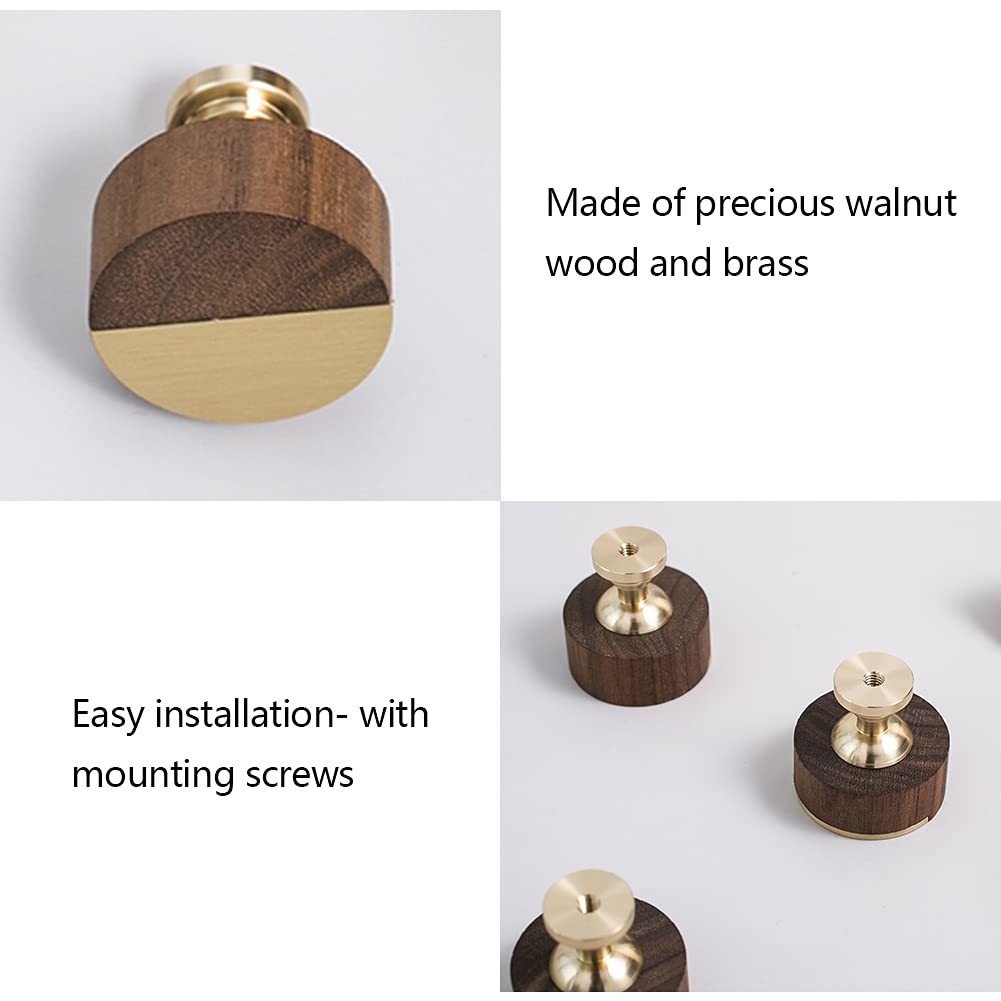 2Pcs Brass & Walnut Cabinet Knobs - Round Drawer Pulls for Kitchen & Furniture Hardware