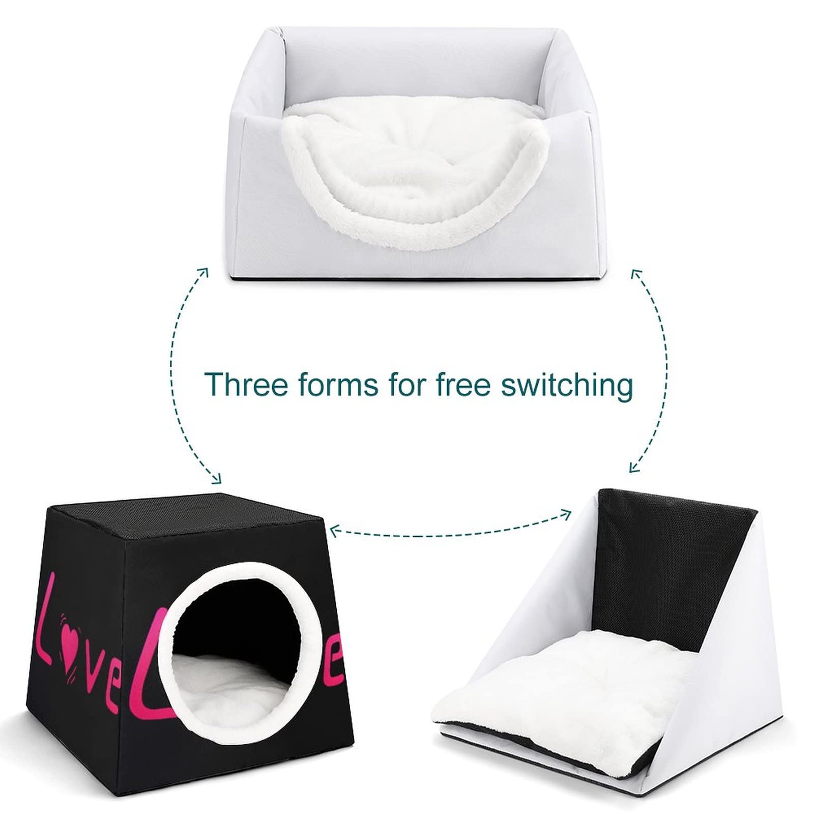 3-in-1 Cat House Bed & Sofa - Printed Kitty Cube Shelter for Indoor/Outdoor Use - Heart Pink Design - Perfect for Living Room, Patio or Garden Cat Nap Spot