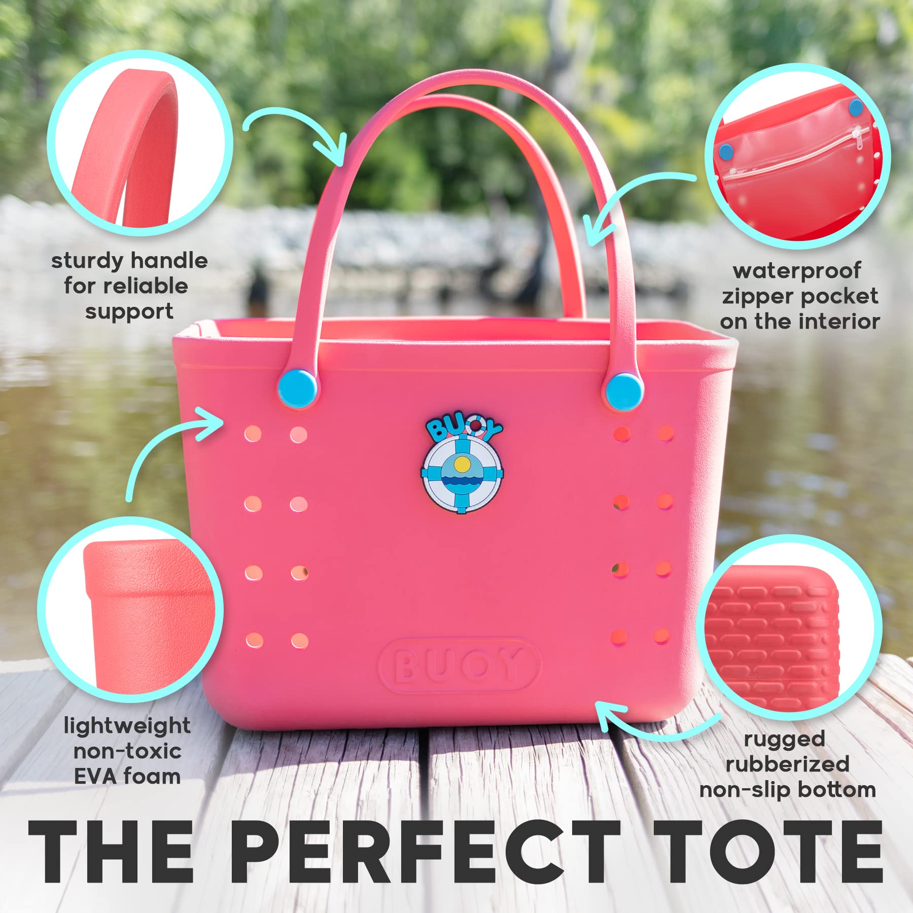 Large Waterproof EVA Rubber Tote Bag with Zipper Pocket | Easy Clean Beach Bag with Drain Holes | Women's Beach Essentials for Pool, Gym & Travel