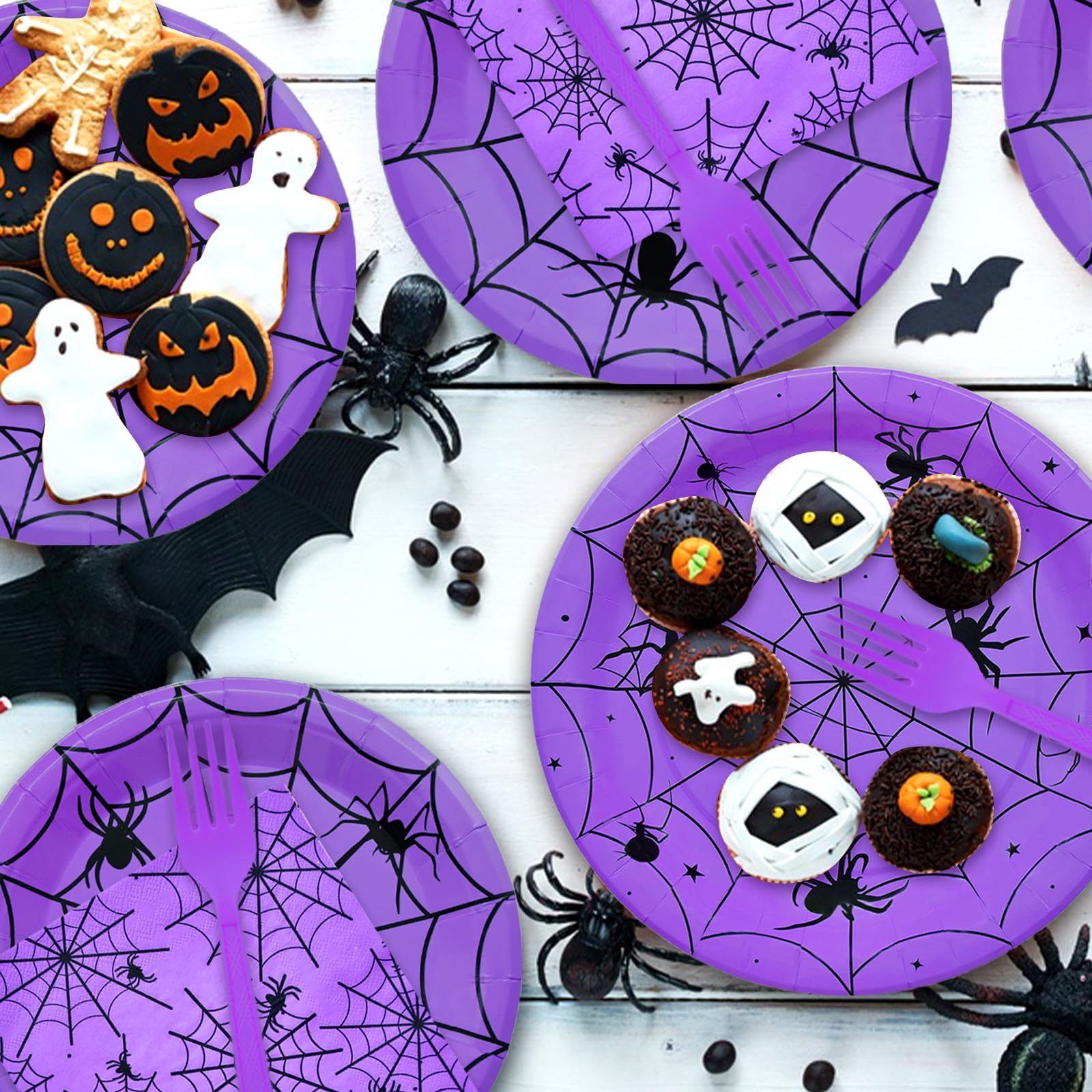 96-Piece Halloween Spider Web Disposable Dinnerware Set - Purple Paper Plates, Napkins & Forks for Spooky Parties, Birthday Decor - Serves 24 | Perfect for Halloween Celebrations, Themed Dinners & Festive Gatherings