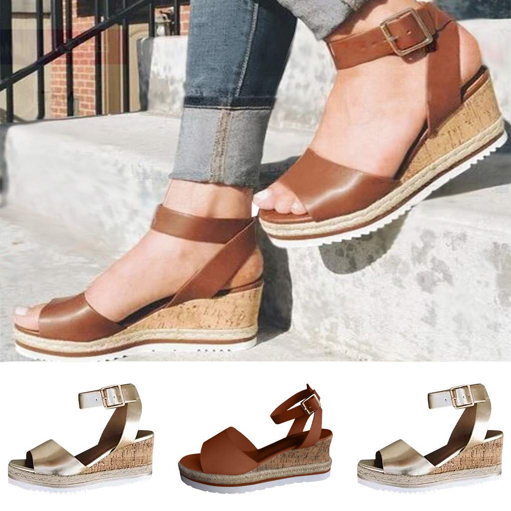 Women's Wide Width Wedge Sandals with Ankle Buckle - 2020 Fashion Summer Beach Sandals, Open Toe Espadrille Platform Shoes for Casual Outings & Vacation Wear