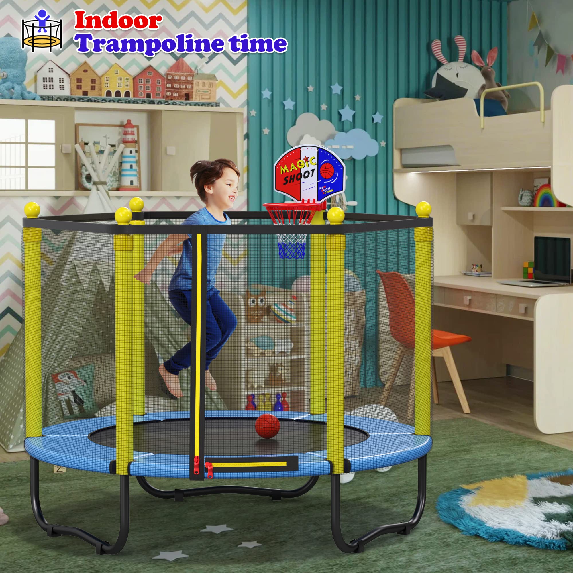 **5FT Kids Trampoline with Safety Enclosure Net & Basketball Hoop - Indoor/Outdoor Recreational Trampoline for Toddlers, Birthday & Christmas Gift for Boys & Girls - Perfect for Backyard Play, Exercise & Family Fun**