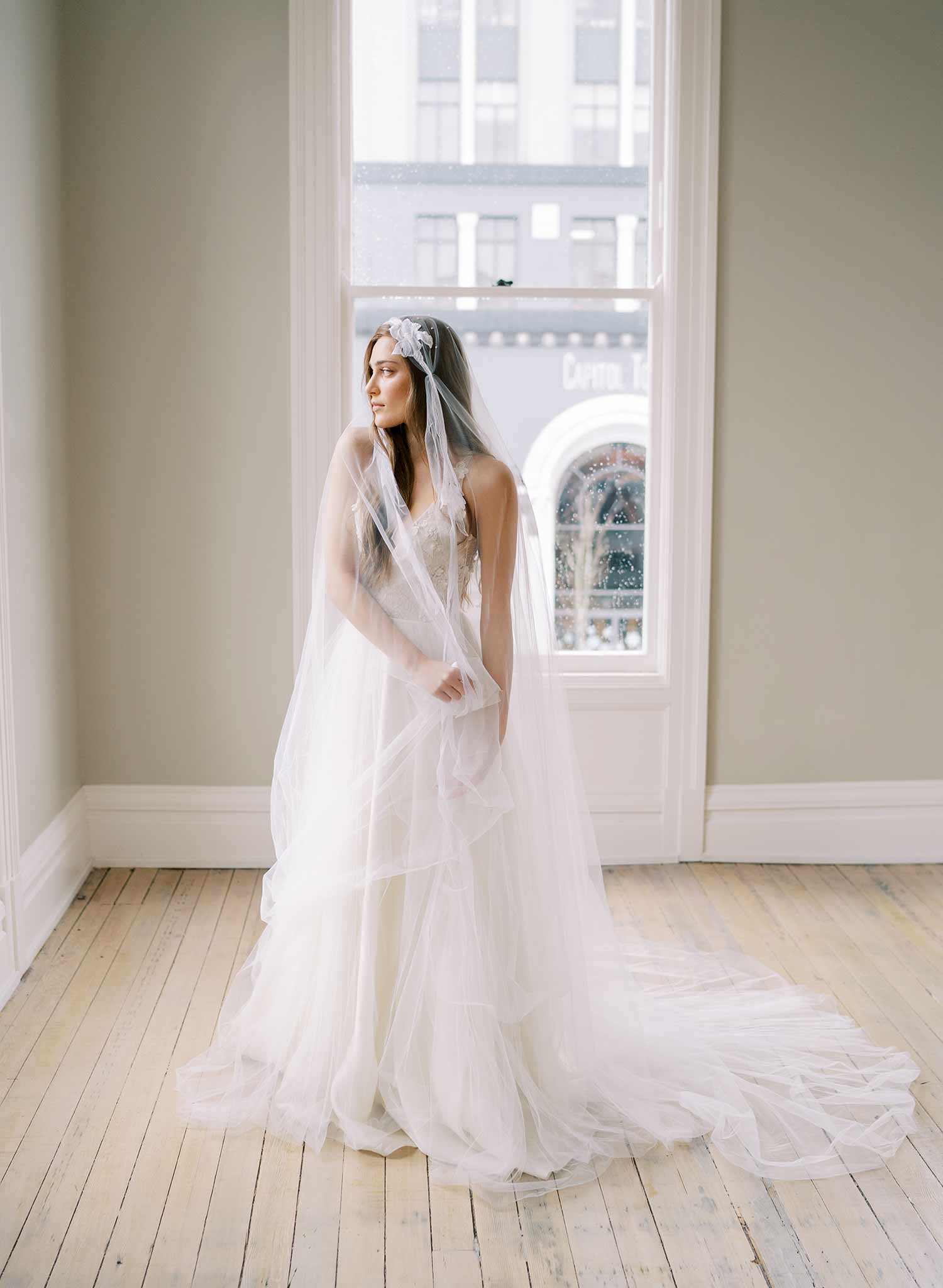 Elegant French Lace Juliet Veil with Pearl Embellishments - Style #2463 | Perfect for Weddings, Bridal Showers & Romantic Photo Shoots