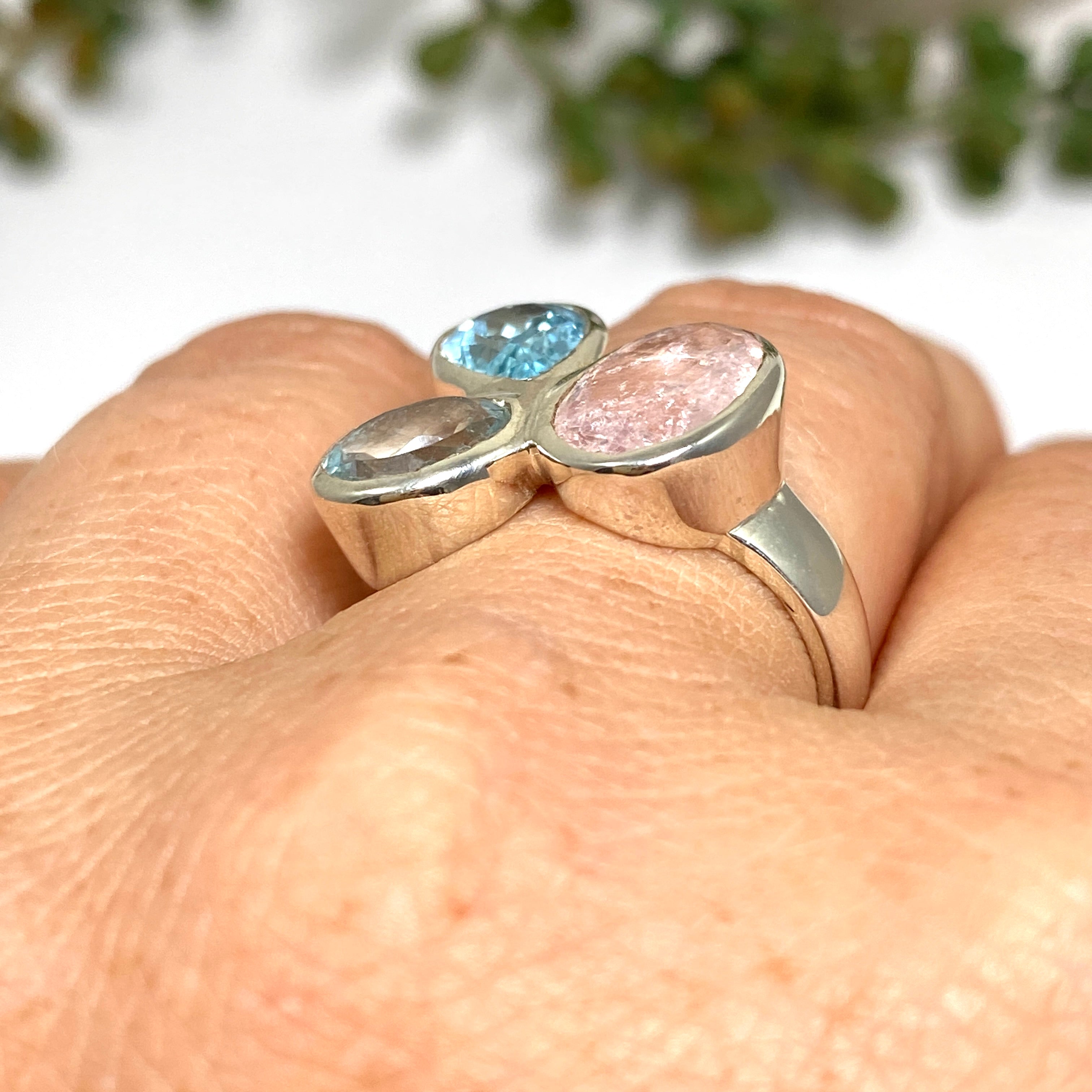 Morganite and Blue Topaz Multi-Stone Faceted Ring Size 8 - Elegant Birthstone Jewelry for Women, Perfect for Weddings, Anniversaries & Special Occasions