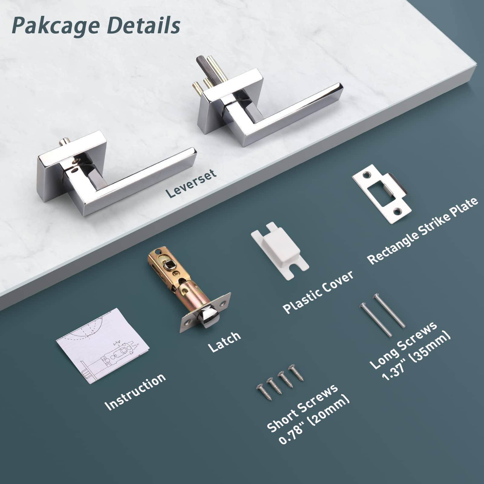 4 Pack Keyless Passage Door Levers in Polished Chrome - Heavy Duty Square Interior Door Handles for Closet, Hallway & Bedroom (Easy Installation, Smooth Operation)