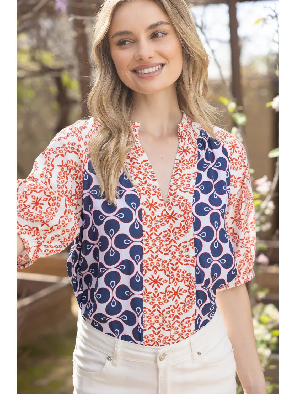 Stylish Kori Mixed Print Top for Women - Trendy Floral & Geometric Pattern Blouse - Perfect for Casual Outings, Parties & Summer Vacations