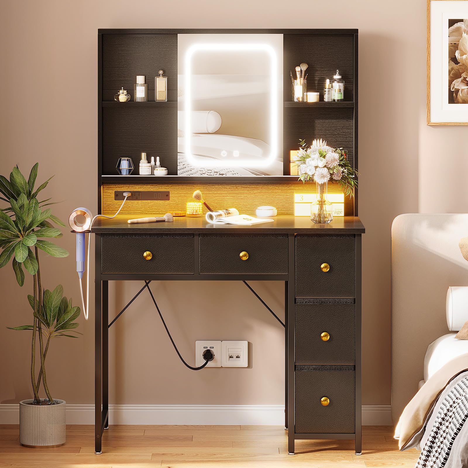 AODK 36 Inch Black Makeup Vanity Desk with LED Mirror & RGB Lights - 5 Fabric Drawers Dressing Table for Girls - Perfect for Bedroom, Dorm Room & Home Beauty Salon