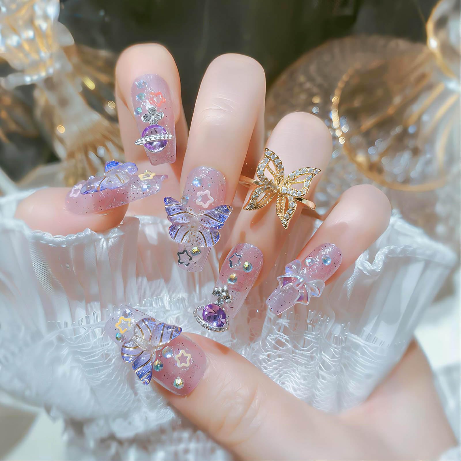 24Pcs Purple Coffin Press on Nails with Rhinestones & 3D Butterfly Charms - Glitter False Nails for Women | Natural Look, Easy Application | Perfect for Parties, Weddings & Special Occasions