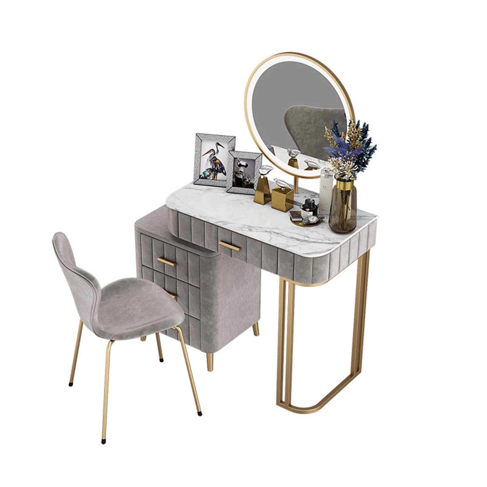 Vanity Set with Mirror & Built-in 3-Way Lighting, Flannel Cushioned Stool, Removable Lockers, 4-Drawer Makeup Vanity Desk with Marble Top (Gray/Green/Pink) - Perfect for Bedroom, Dressing Room & Beauty Salon