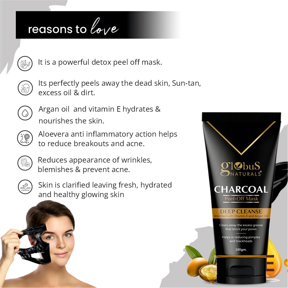 Globus Naturals Charcoal Detoxifying Face Wash & Peel Off Mask Set - Deep Cleansing, Exfoliation, Anti-Acne Treatment for Men & Women | Blackhead Removal, Pimple Control | Perfect for Daily Skincare & Spa Nights at Home