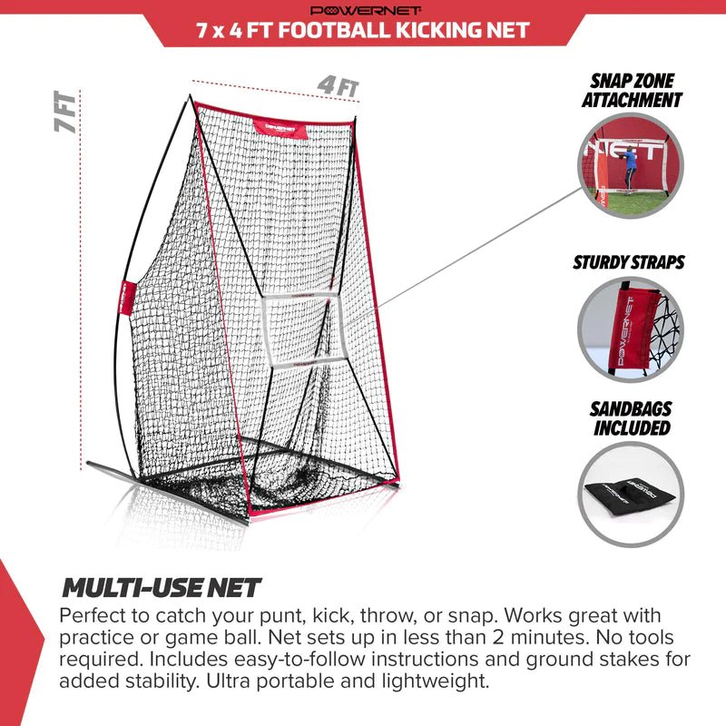 PowerNet Sideline Trainer 7x4 FT Football Kicking Net - Portable Soccer Training Net for Field Goal Practice, Perfect for Backyard, Training Drills & Game Day Warmups