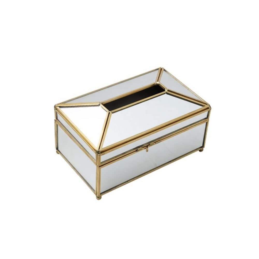 Nordic Style Rectangular Facial Tissue Box Cover with Hinged Lid - Brass & Glass Napkin Holder Stand - Elegant Mirror Surface Home Decor for Living Room, Bedroom, and Office