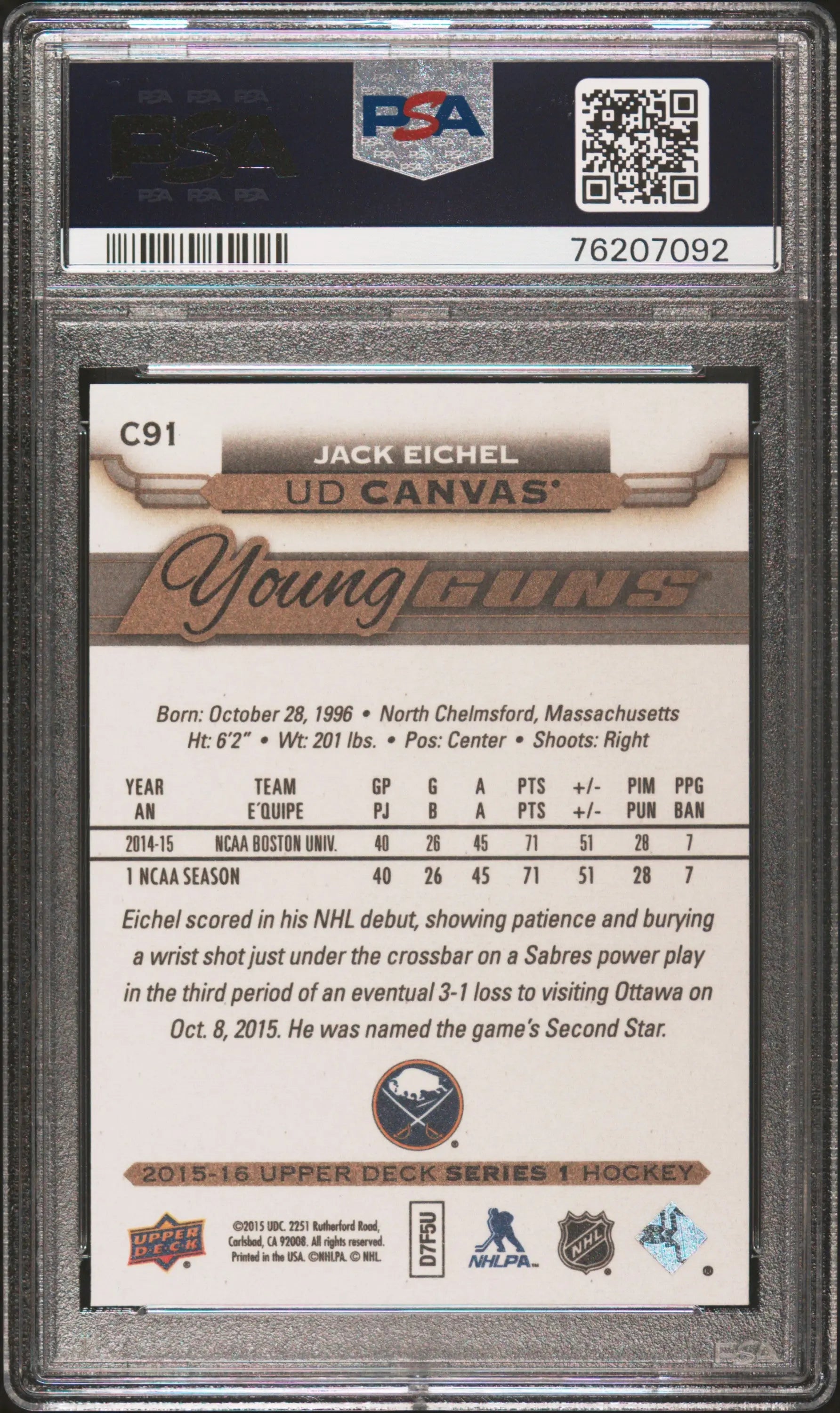 2015-16 Upper Deck UD Canvas Young Guns Rookie Card Jack Eichel PSA 10 Gem Mint - Perfect for Hockey Card Collectors & Buffalo Sabres Fans