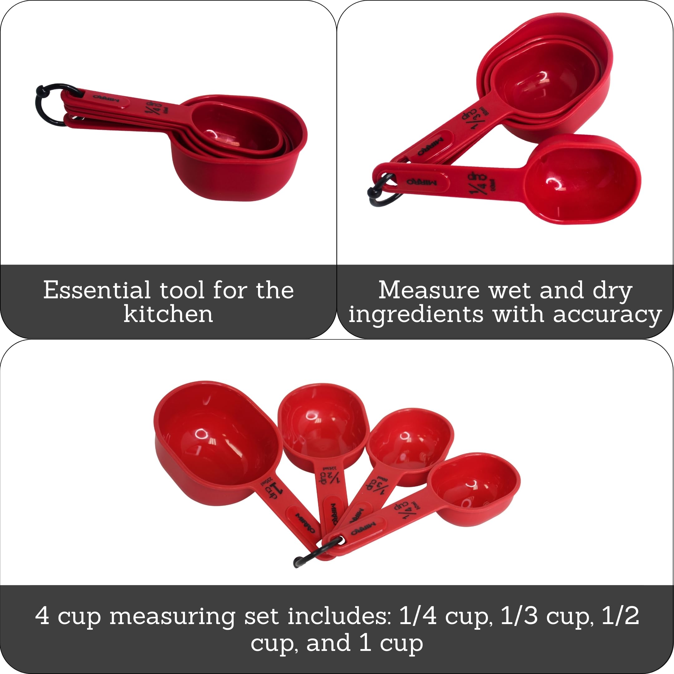 Premium MIRRO 4-Piece Nested Measuring Cups Set - Durable Plastic, Stackable Design, Easy-Read Measurements (Red) - Perfect for Baking, Cooking & Meal Prep