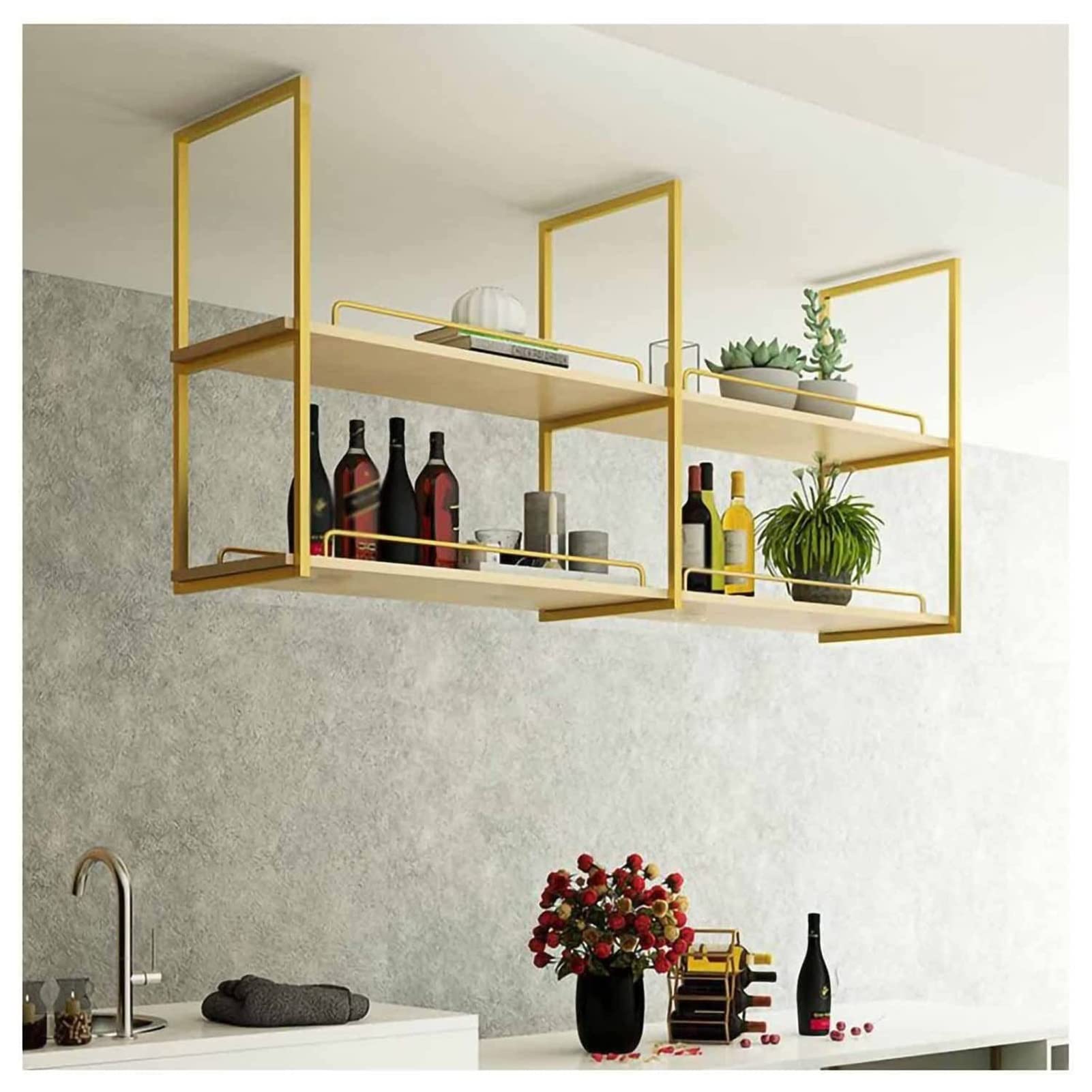 Nordic Iron and Solid Wood 2-Tier Ceiling Storage Shelf - 80x30x80cm Gold Hanging Rack for Kitchen, Bar, or Cafe - 2cm Thick Plates - Perfect for Displaying Plants, Cookware, or Decorative Items
