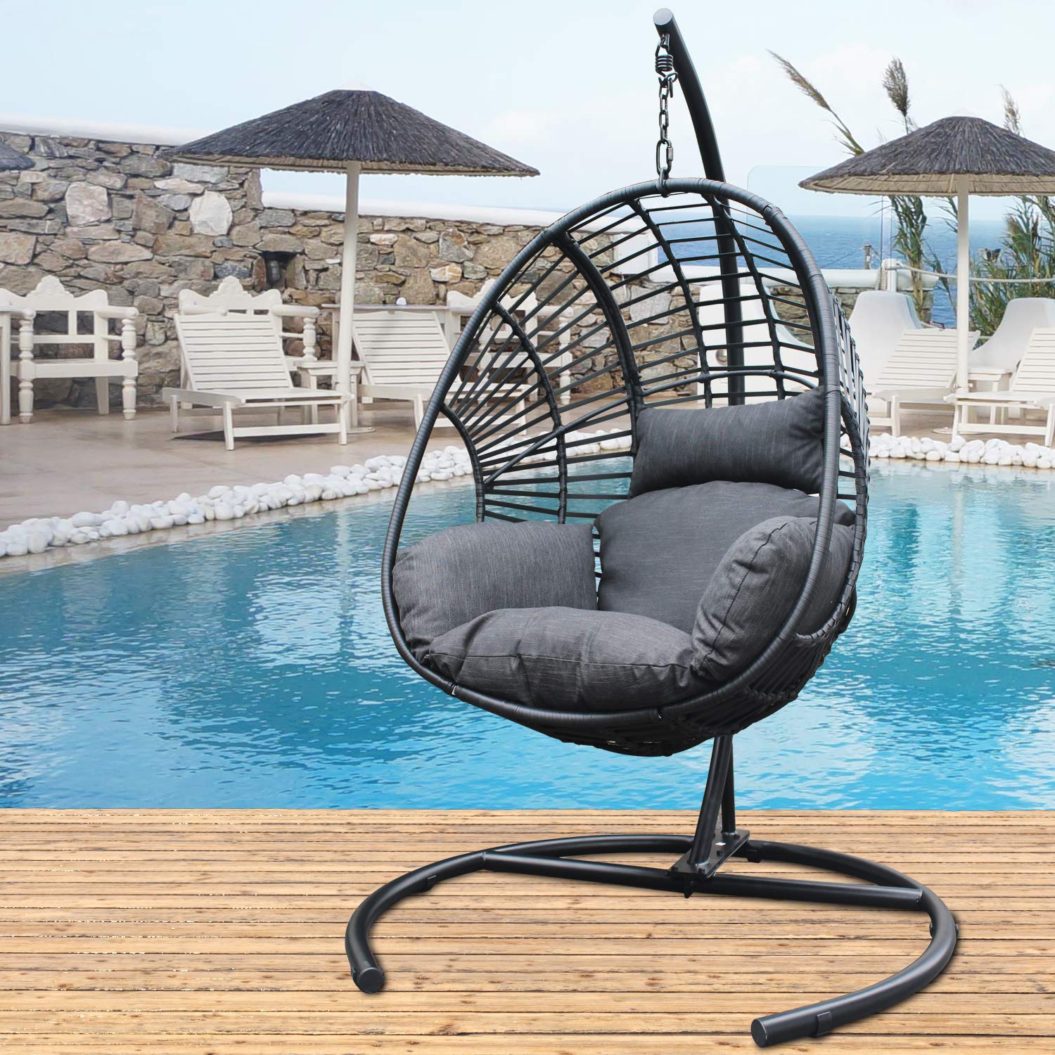 Olela Wicker Egg Swing Chair with Stand - Indoor/Outdoor Hanging Egg Chair with Cushion & Pillow - Rattan Basket Chair for Bedroom, Living Room, Patio or Garden Decor (Black Round Base) - Perfect for Relaxing, Reading & Lounging