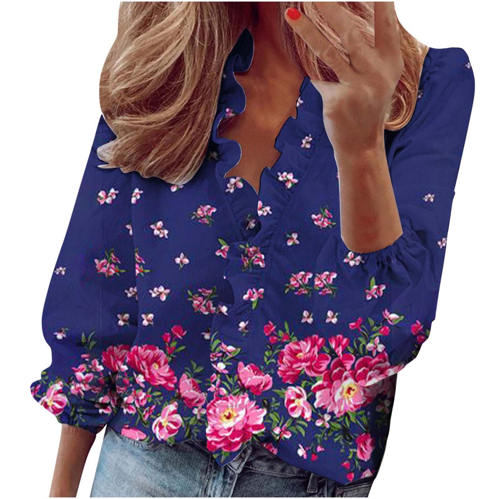 Women's Long Sleeve V-Neck Ruffle Blouse - Floral Print Loose Fit Tops for Business Casual & Office Wear | Perfect for Work, Dates & Spring Outfits