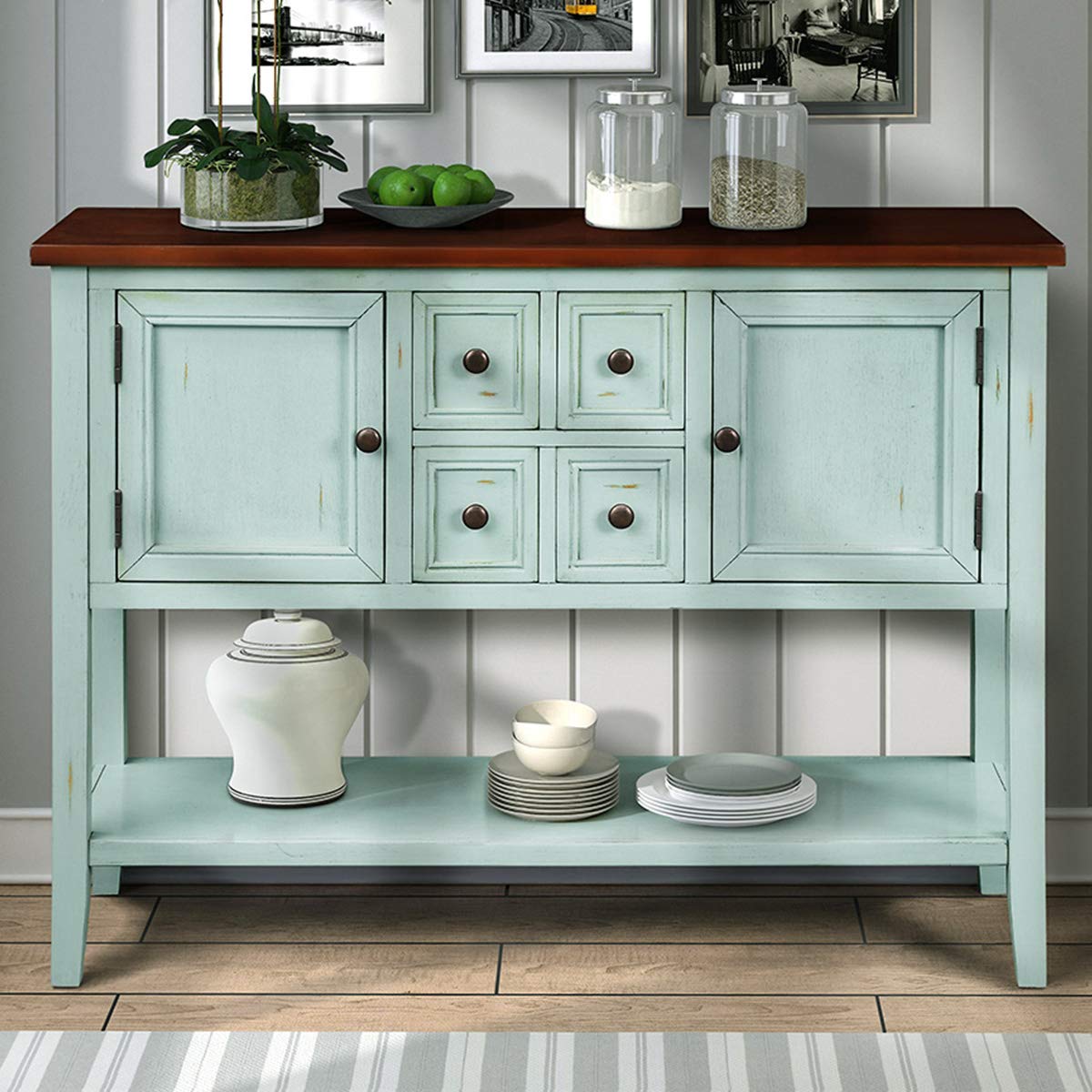 Vintage Blue Console Table with 4 Drawers & 2 Cabinets - Modern Sofa Table with Large Storage Shelf | Perfect for Living Room, Entryway & Hallway Organization
