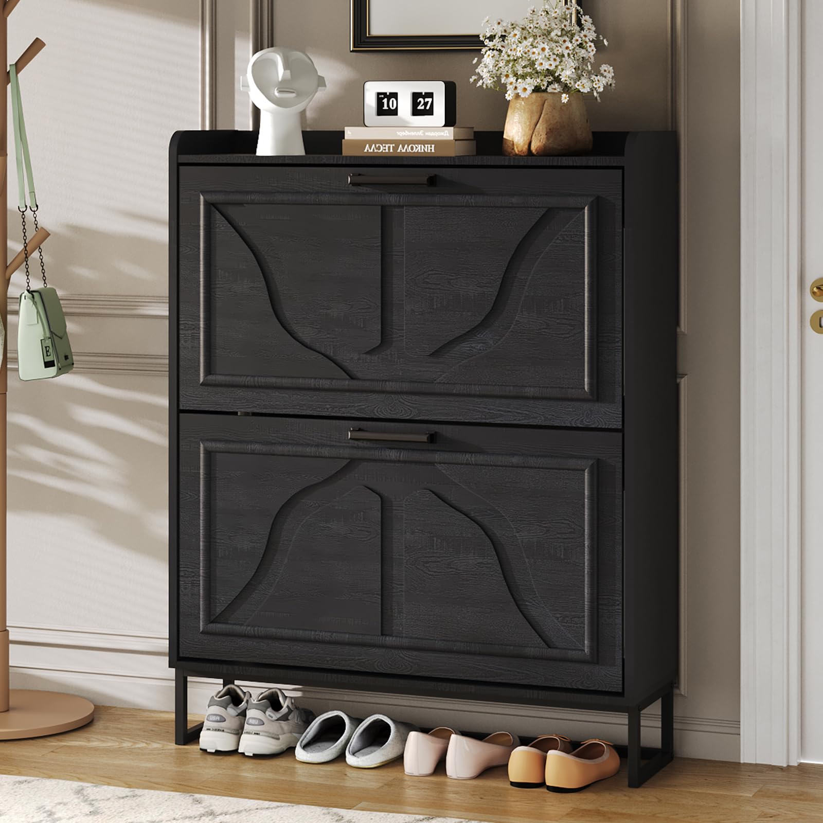 Maupvit 2-Tier Flip-Door Shoe Cabinet - Freestanding Entryway Shoe Storage Organizer with Metal Legs, Slim Space-Saving Design for Hallway, Closet & Apartment - Perfect for Small Spaces & Shoe Organization (Black)