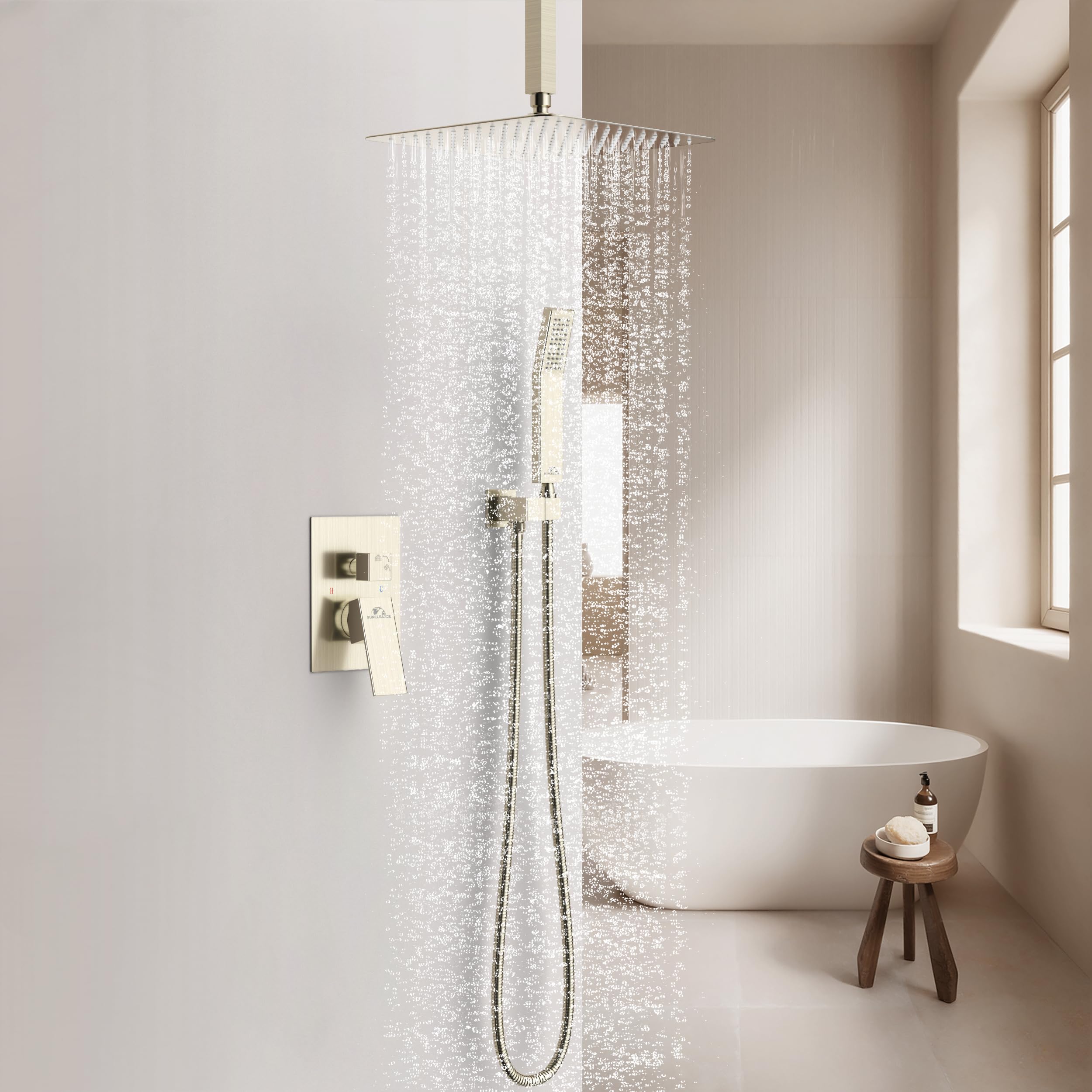 SunCleanse Brushed Nickel Ceiling Mount Rain Shower System - 12 Inch Square High Pressure Shower Head with Handheld Sprayer & Mixer Valve - Perfect for Spa-Like Luxury Bathroom Experience
