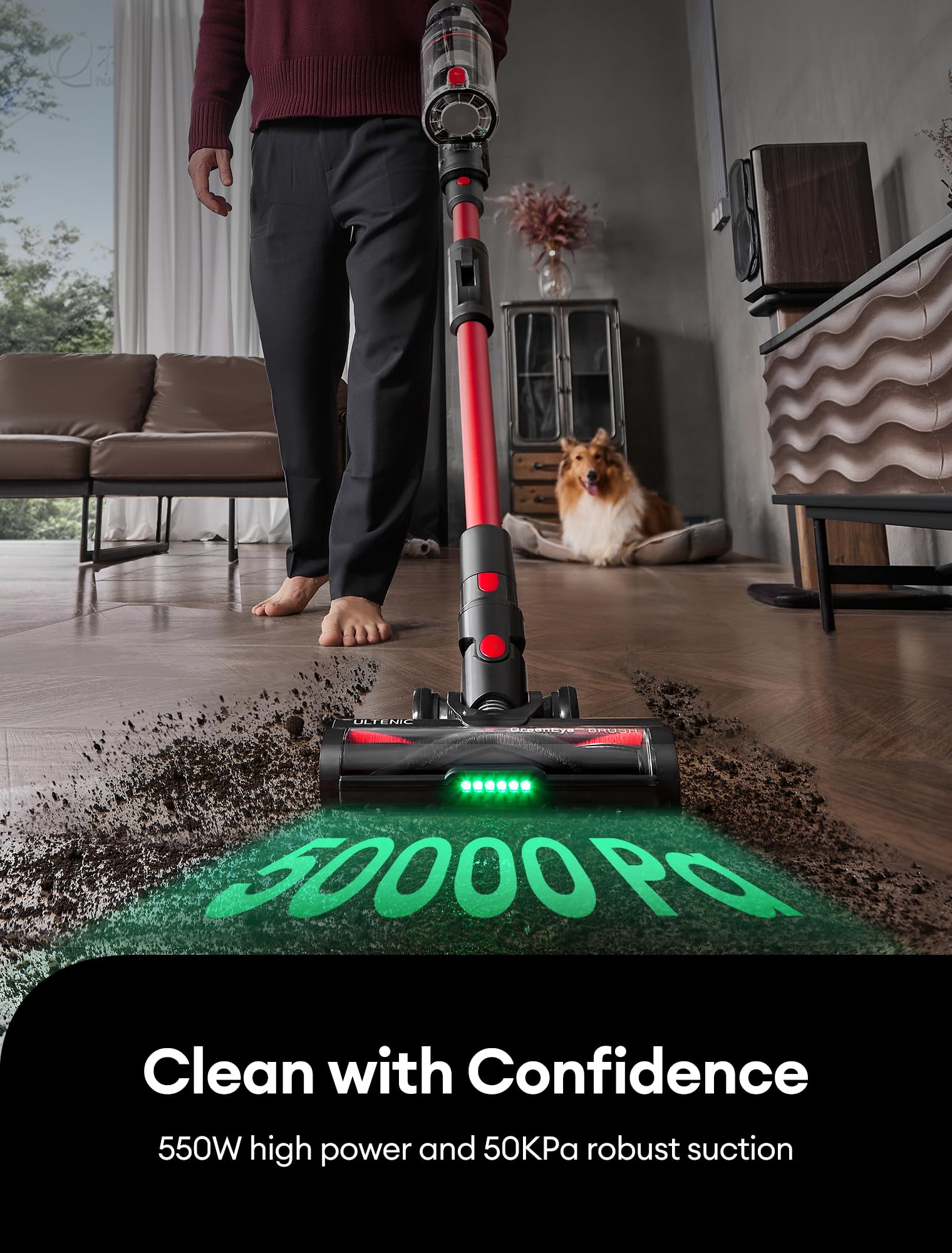 Ultenic U16 Flex Cordless Stick Vacuum Cleaner - 550W/50Kpa Powerful Suction, 60 Min Runtime, 180° Bendable Wand, Anti-Tangle Brush - Lightweight Handheld Vacuum for Pet Hair, Carpet, Hard Floors & Car Cleaning - Perfect for Home, Office & Auto Detailing
