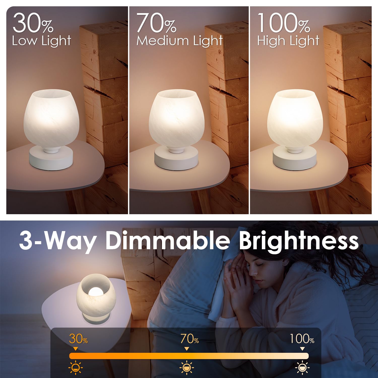 Modern Touch Bedside Table Lamp - 3-Way Dimmable Nightstand Lamp with White Opal Glass Shade, Warm White Bulb Included | Perfect for Bedroom, Living Room & Office Decor | Stylish Night Light & Thoughtful Gift Idea