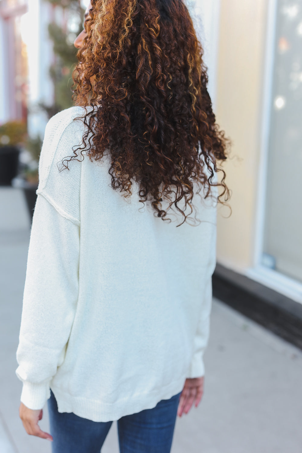Ivory Oversized Notched Neck Patch Sweater - Cozy & Stylish Knit Pullover for Women | Perfect for Fall, Winter & Casual Outings