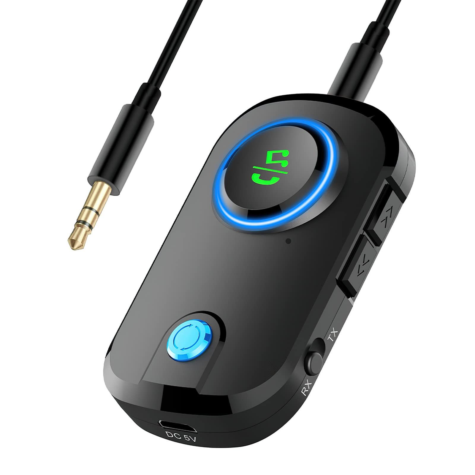 Bluetooth 5.0 Transmitter and Receiver with Microphone - Wireless 3.5mm AUX Audio Adapter for TV, Home Sound System, Car, Nintendo Switch & Headphones - Low Latency for Gaming, Music Streaming & Hands-Free Calling