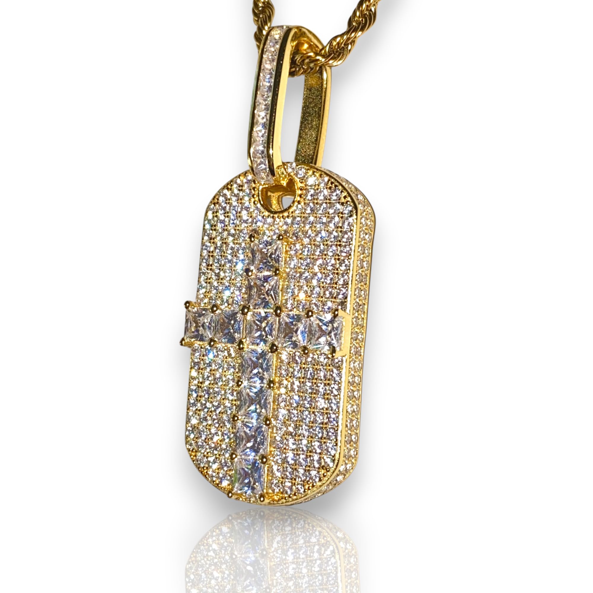 925 Italy Gold & Silver Iced Out Dog Tag Pendant Necklace for Men & Women - Stainless Steel 2mm Rope Chain (16