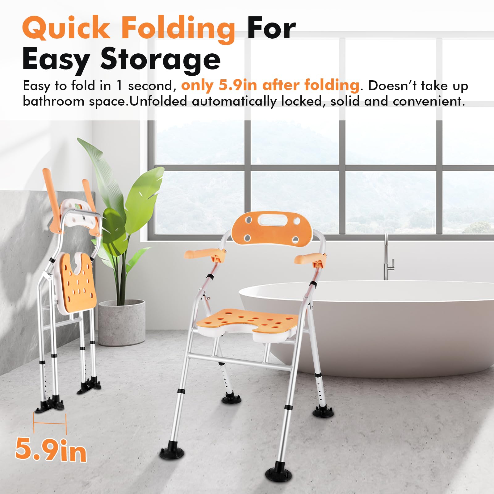 Foldable Shower Chair with Arms & Back - Adjustable Height (6 Levels) for Elderly, Pregnant & Disabled - 440lbs Weight Capacity - Non-Slip Bath Seat with Cutout Design - Perfect for Safe Bathing & Private Washing in Home & Hospital Settings