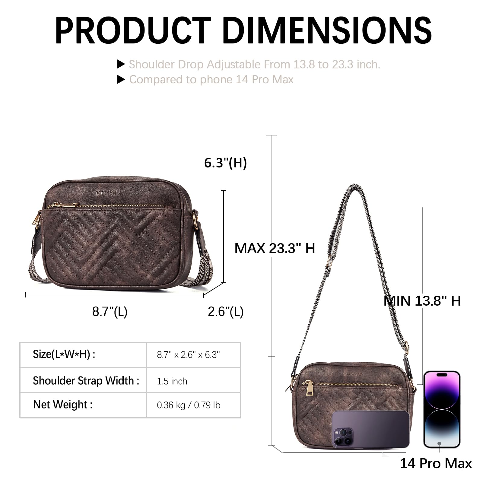 BOSTANTEN Vegan Leather Quilted Crossbody Bag for Women - Small Shoulder Purse with Wide Adjustable Strap - Perfect for Work, Travel & Everyday Use