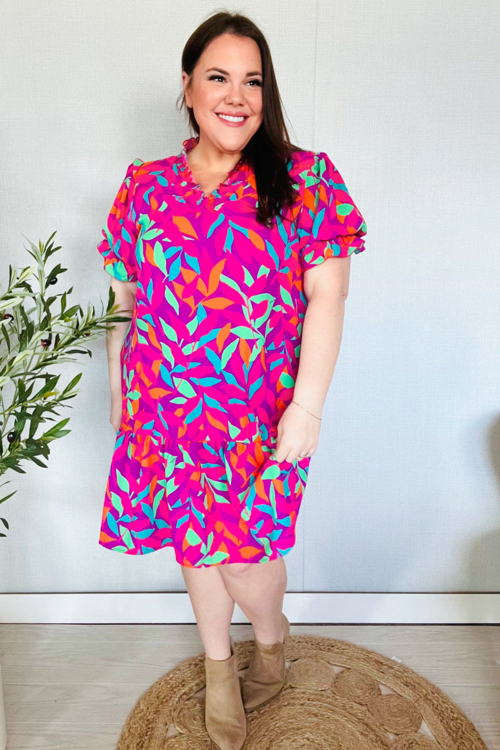 Fuchsia Tropical Leaf Print Woven Ruffle Hem Dress with Pockets - Women's Summer Beach Dress for Vacation, Party & Casual Wear