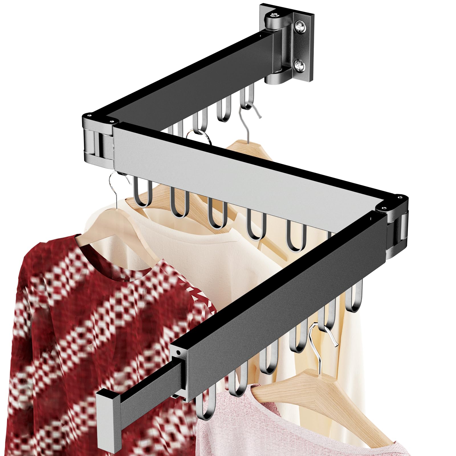 JAUREE Wall Mounted Clothes Drying Rack - Foldable Collapsible Laundry Rack with 18 Hooks, Space Saving Tri-Fold Retractable Design for Indoor & Outdoor Use - Perfect for Apartments, Balconies, and Small Spaces (Black)