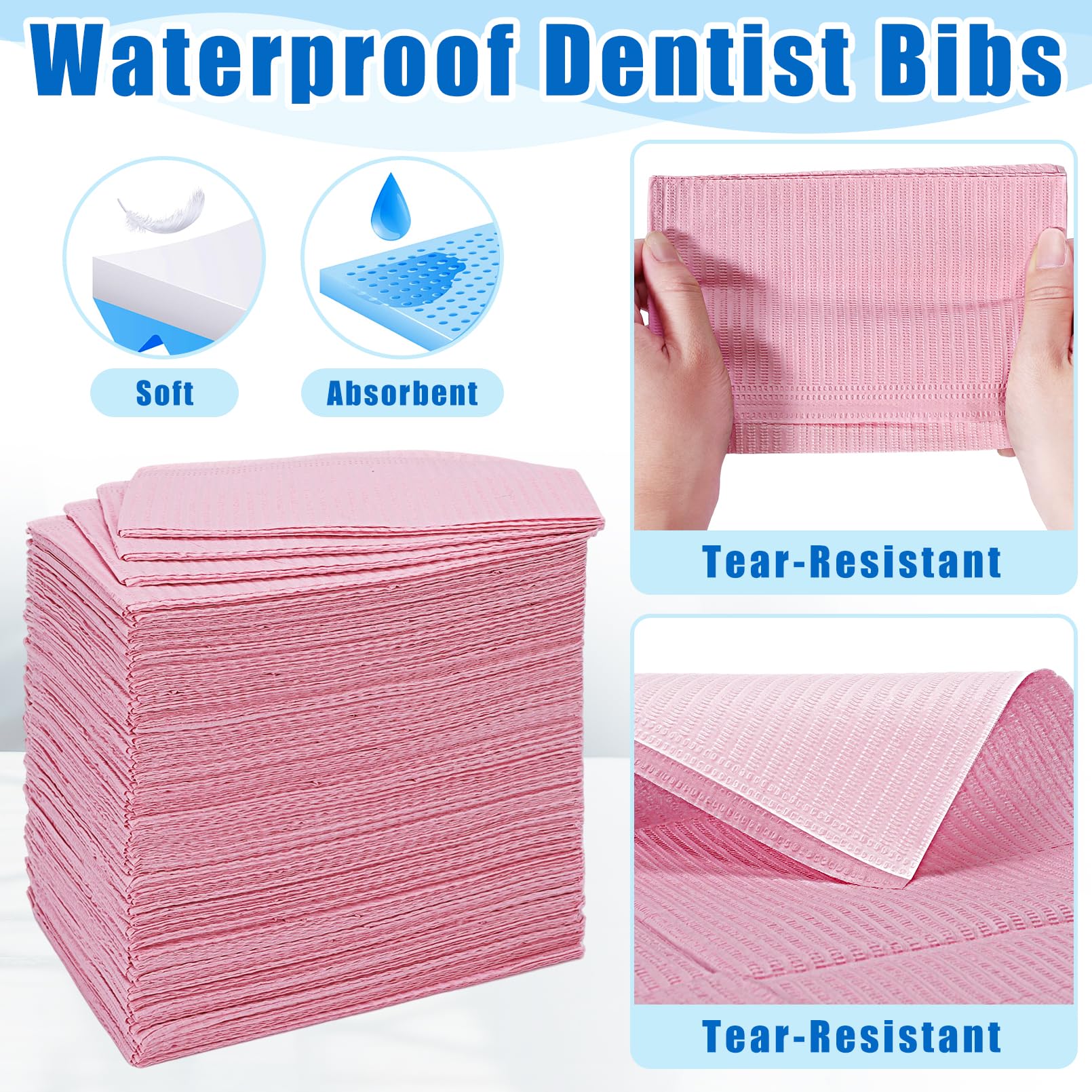 250Pcs Disposable Pink Dental Bibs - 3 Ply Waterproof Tattoo & Piercing Bibs, Soft Fluid-Resistant Table Covers for Dentist Patients (13”x18”) - 2 Packs of 125 - Ideal for Dental Clinics, Tattoo Parlors & Baby Feeding