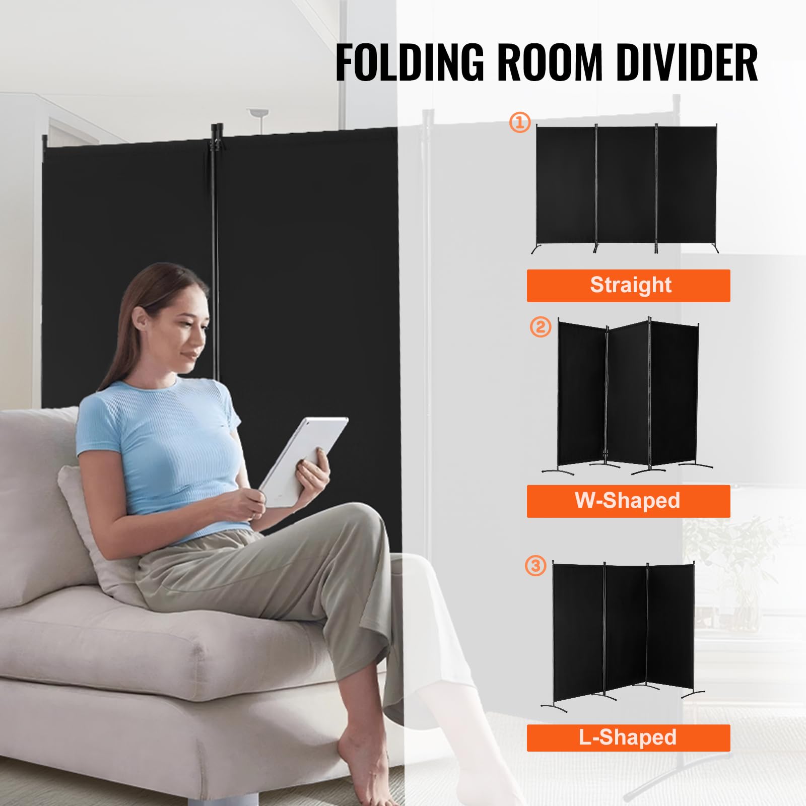 VEVOR 3-Panel Folding Room Divider - Black Freestanding Privacy Screen for Office, Bedroom, Living Room | Portable Partition for Home & Office Space Separation | Perfect for Creating Private Workspaces or Dividing Large Rooms