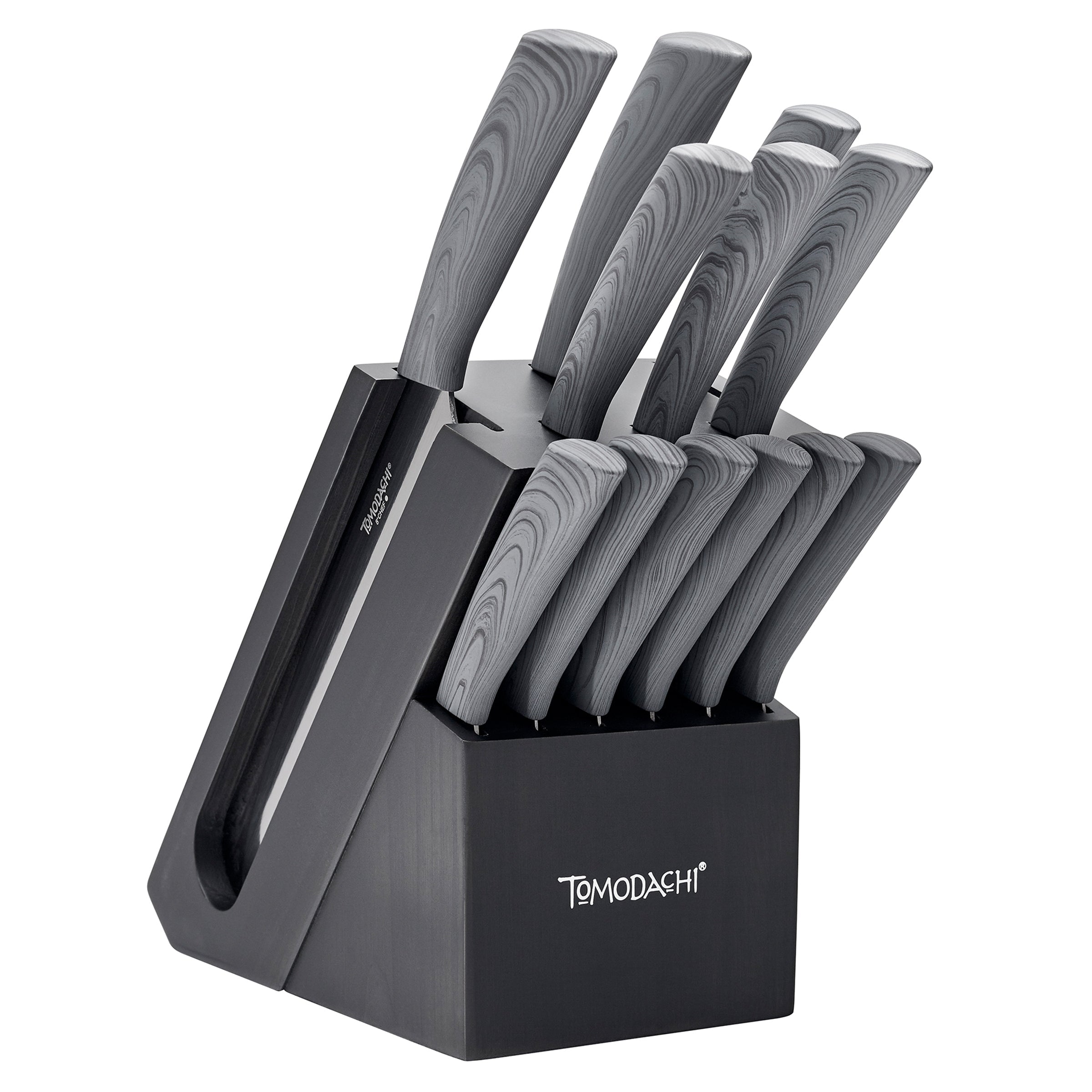 Premium Raintree Ash 13-Piece Wooden Knife Block Set - Complete Cutlery Collection with Steak Knives, Chef Knife & Kitchen Storage - Perfect for Home Cooking, Entertaining & Professional Chefs